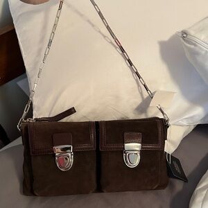NWT Banana republic Brown Suede Dual Pocket Shoulder Bag with Silver Hardware